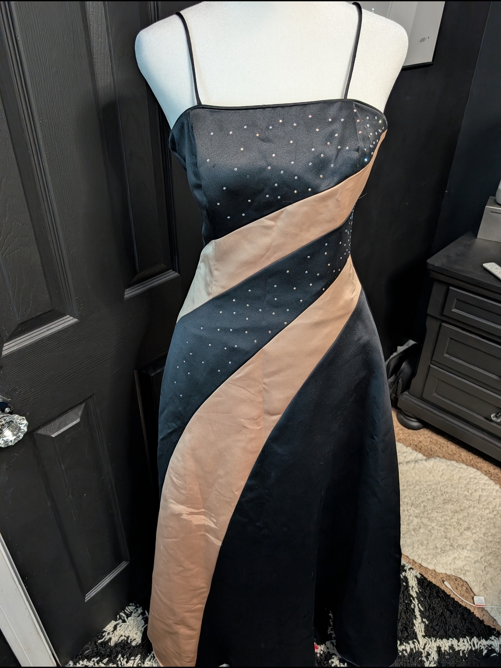 Scott McClintock Black and Nude Satin Midi Dress with Rhinestones